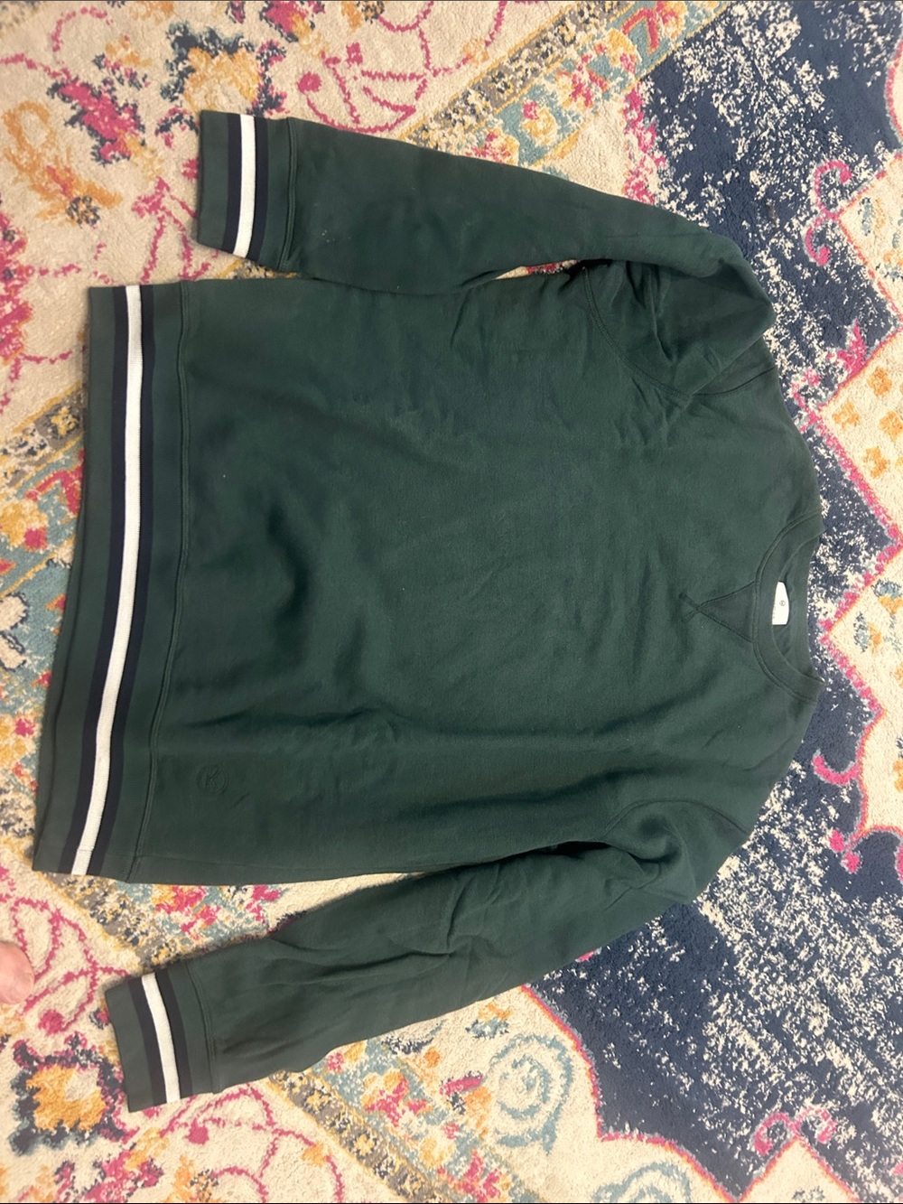 Kingsman Classic Dark Green Cotton Cashmere Crewneck Sweatshirt with Stripe Hem